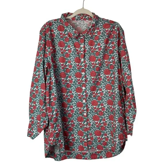 Tulip Top Button Down Floral Tunic 100% Cotton Long Sleeve Size Large Boxy - Picture 1 of 13